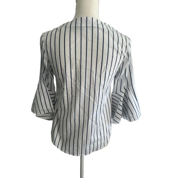 WHITE HOUSE BLACK MARKET WHBM Blue White Striped Shirt Blouse Size 0 - Picture 5 of 7
